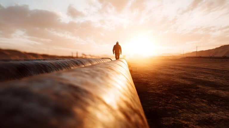 Oil pipes in desert landscape with man walking beside during sunset.