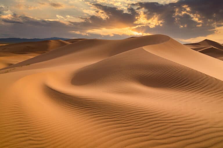 Desert landscape with sand dunes and cloudy weather.